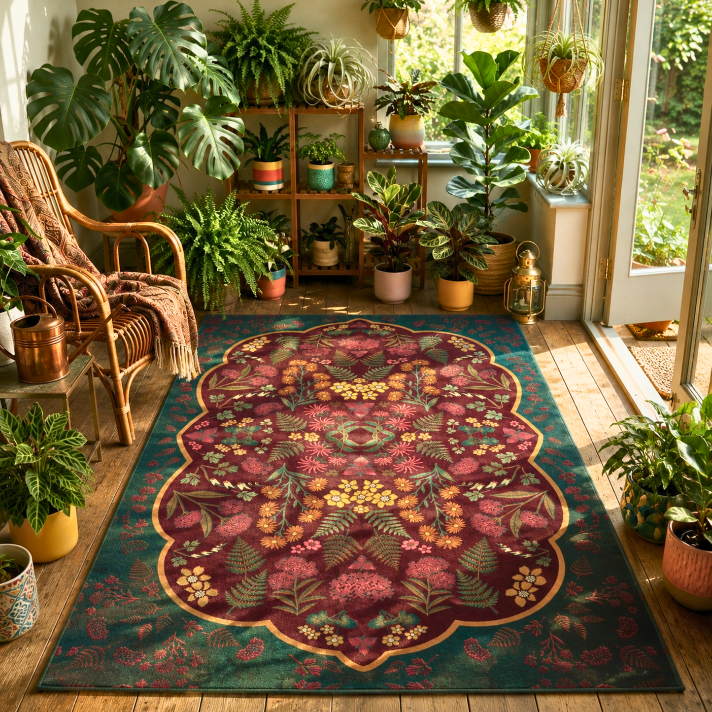 Dark Botanical Jewel Tone Rug | Forest Green, Plum, Gold
