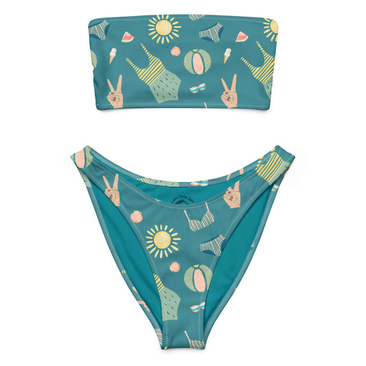 Teal Summer Fun Bandeau High Waist Bikini - Lady Fern Art