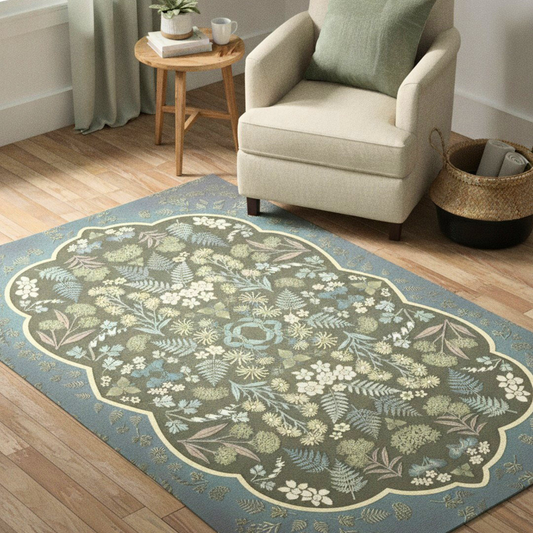 Sage Green Floral Botanical Rug | Cottagecore Art Nouveau Native Wildflower Area Rug