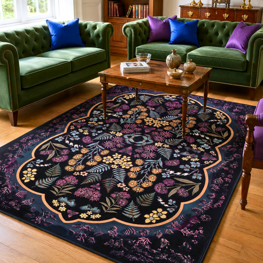 Dark Academia Botanical Area Rug | Cottagecore Native Wildflower Carpet