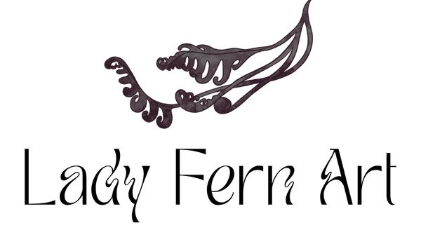 Logo for 'Lady Fern Art' with decorative text and stylized fern leaf on a white background