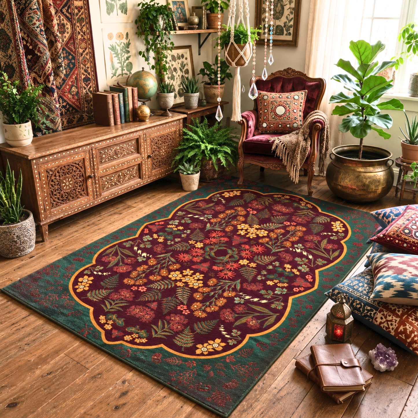 Dark Botanical Jewel Tone Rug | Forest Green, Plum, Gold
