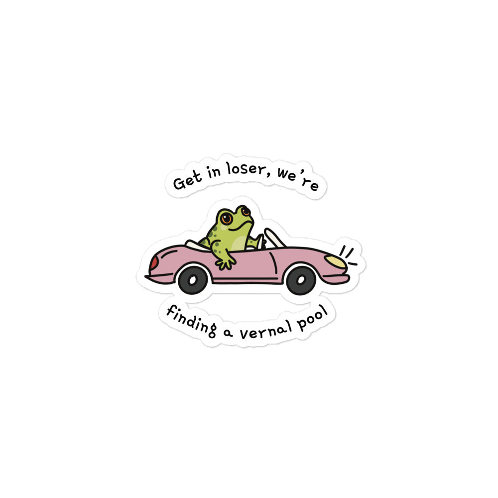 Frog sticker with green frog riding a pink car, with playful quote lettering