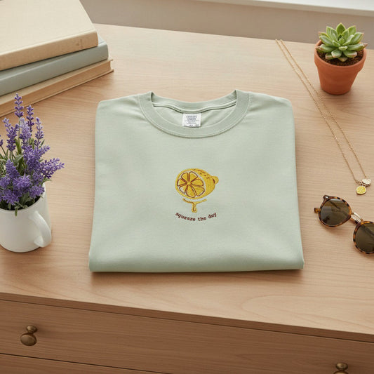 Squeeze the Day Embroidered Lemon T-Shirt | Comfort Colors Tee